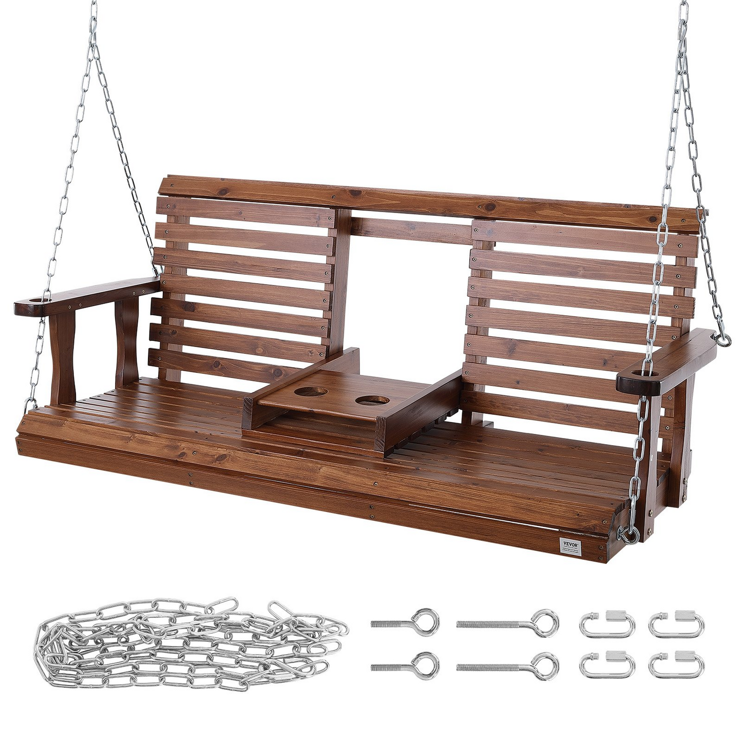 VEVOR 60” Porch Swing Bench Wooden Hanging Outdoor Garden Patio Courtyard Brown