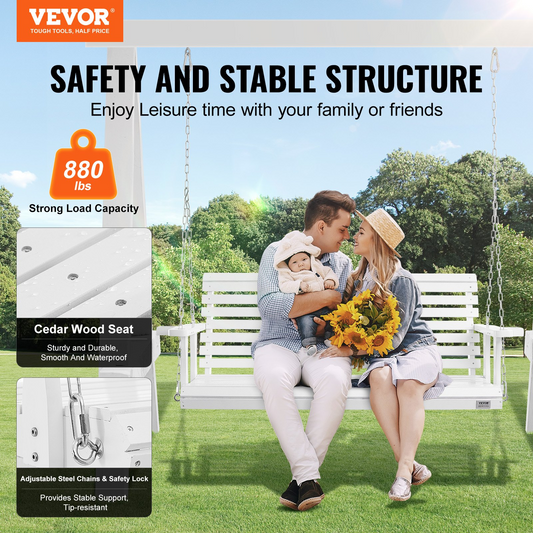 VEVOR 65” Porch Swing Bench Wooden Hanging Outdoor Garden Patio Courtyard White