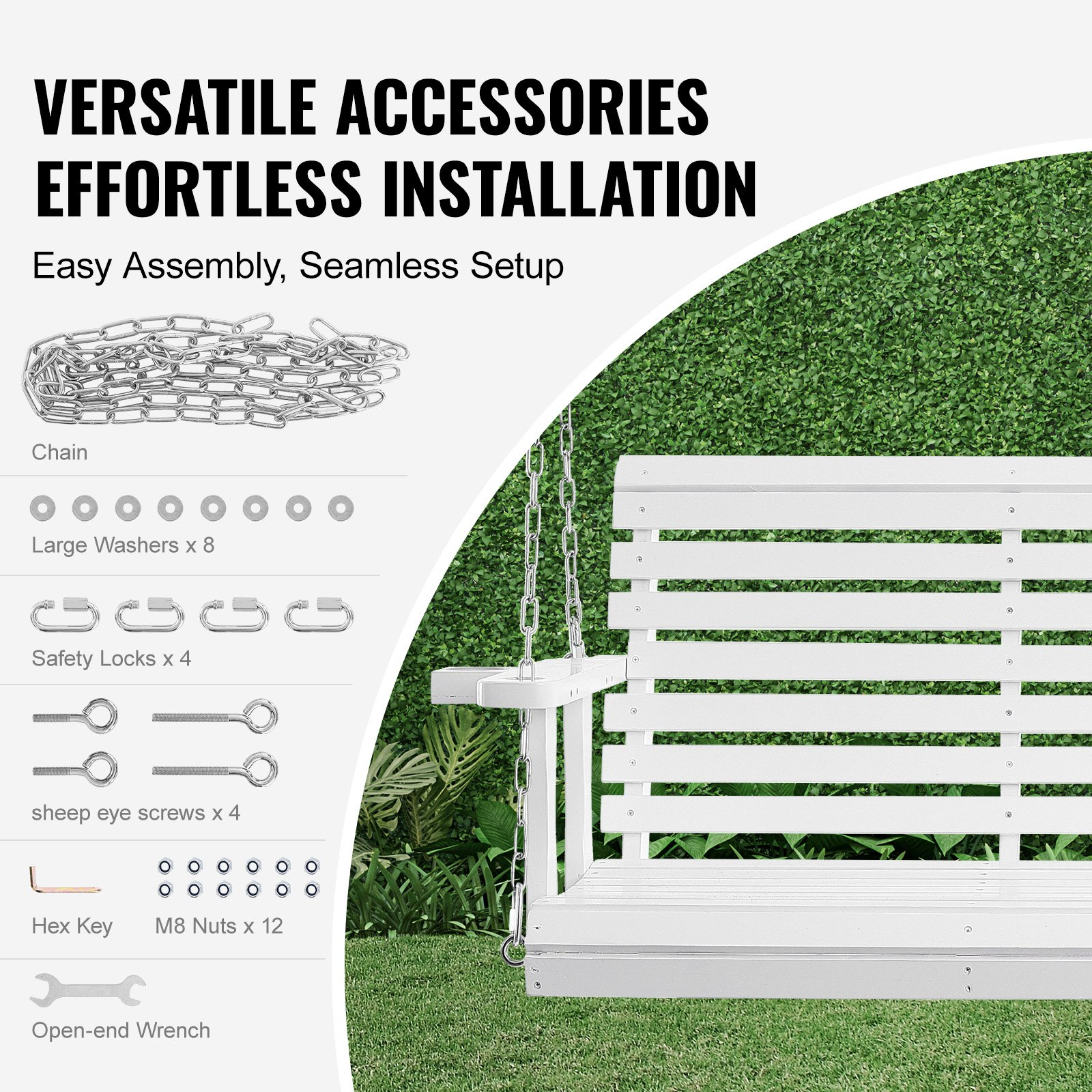VEVOR 65” Porch Swing Bench Wooden Hanging Outdoor Garden Patio Courtyard White