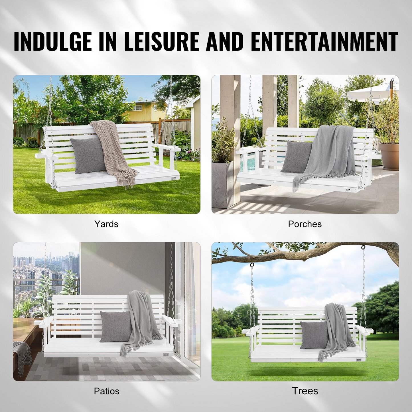 VEVOR 65” Porch Swing Bench Wooden Hanging Outdoor Garden Patio Courtyard White