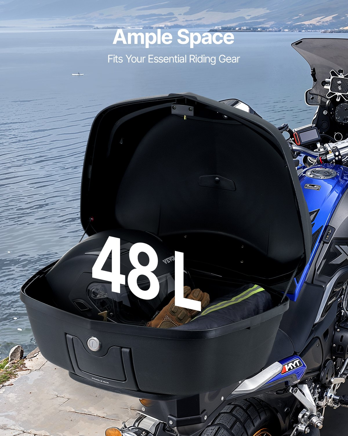 VEVOR 48L Motorcycle Top Case Universal Motorbike Tail with Reflective Panel