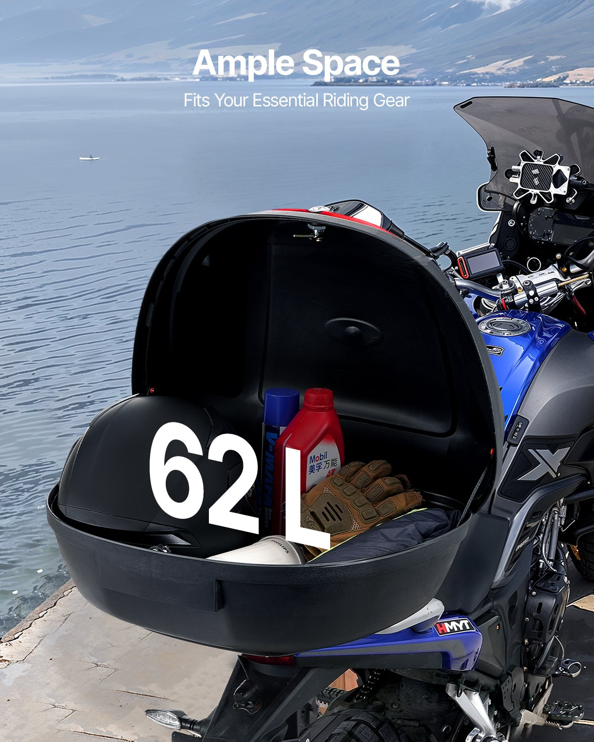 VEVOR 62L Motorcycle Top Case Universal Motorbike Tail with Reflective Panel