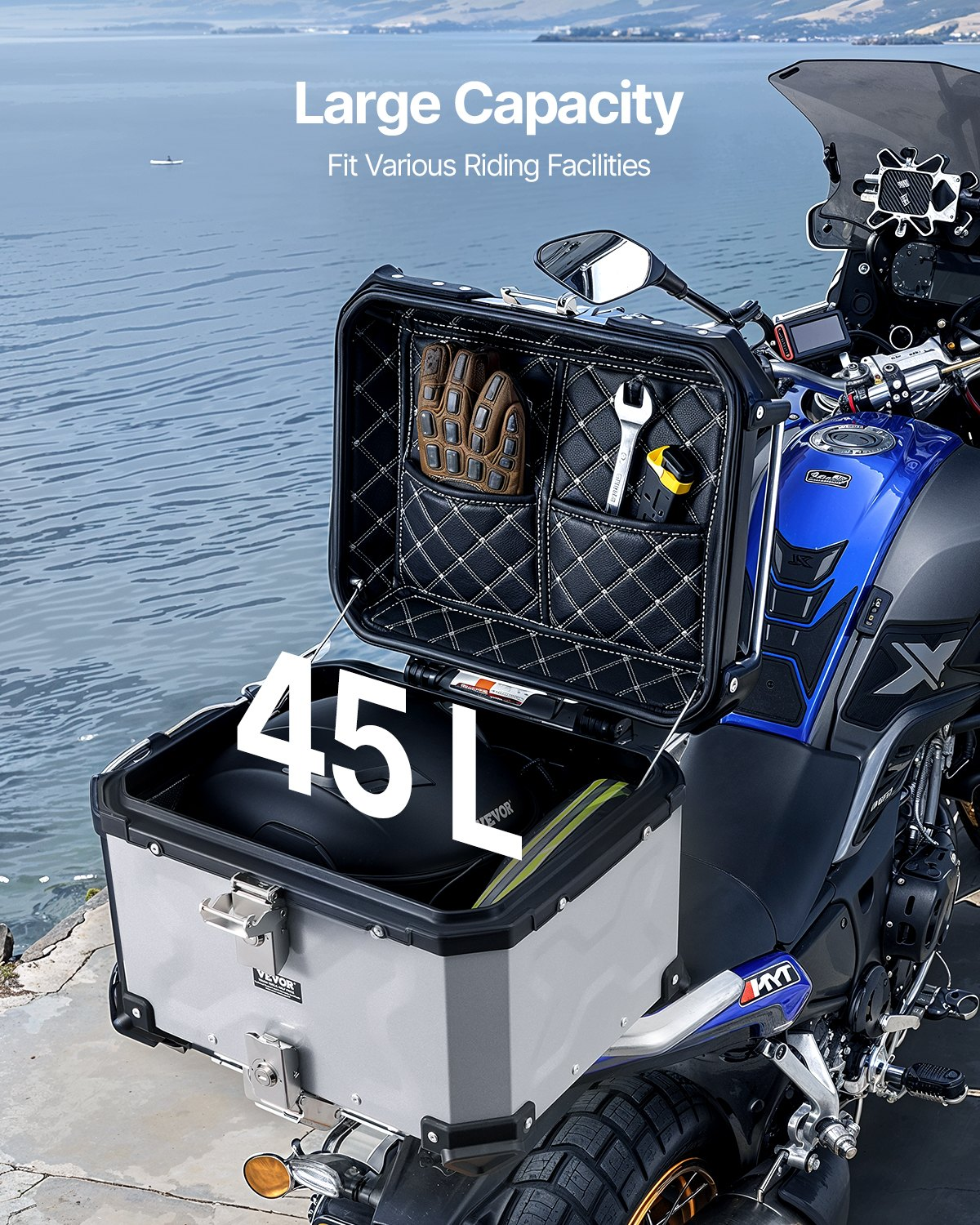 VEVOR 45L Motorcycle Top Case Universal Motorbike Tail Box with Leather Lining
