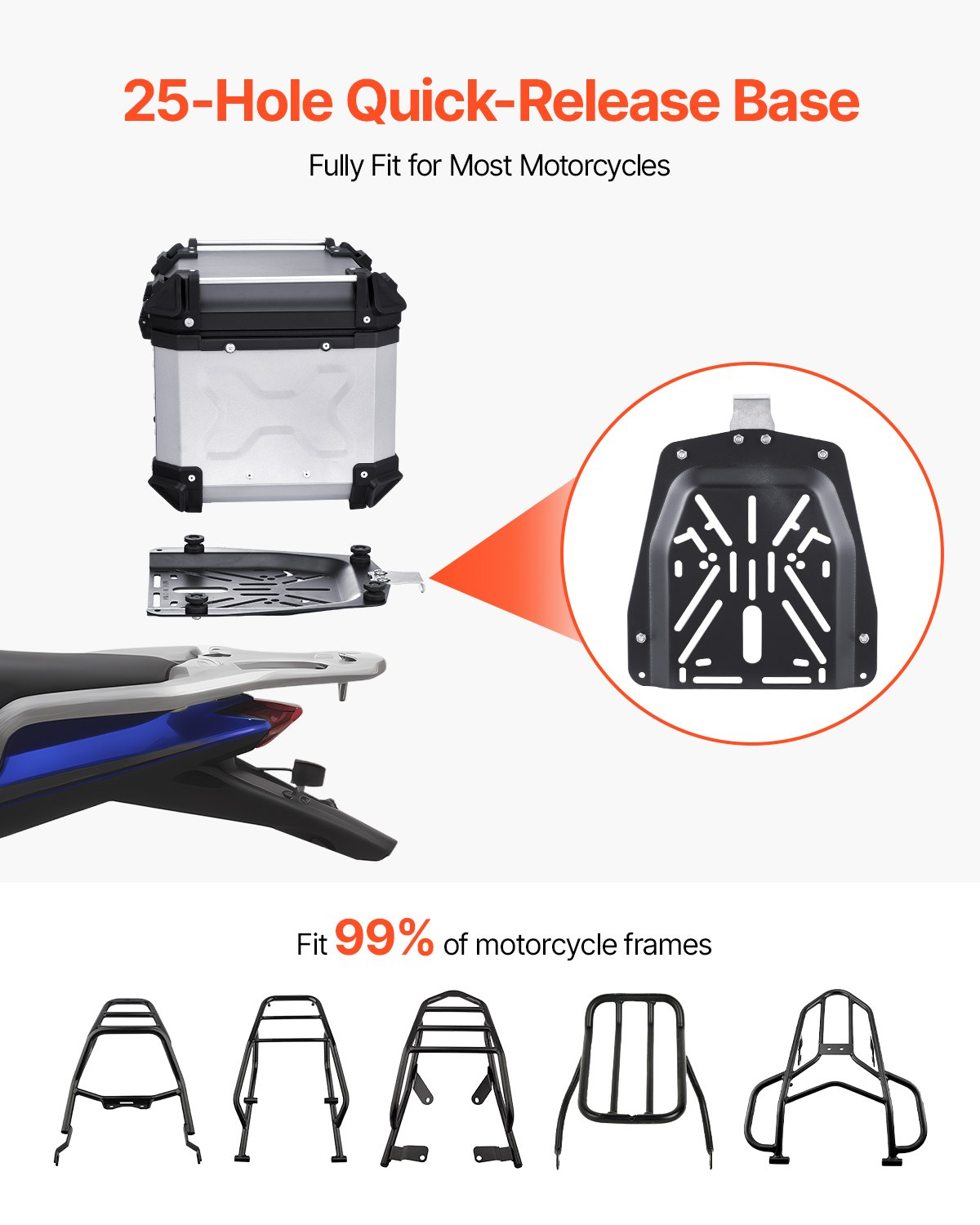 VEVOR 45L Motorcycle Top Case Universal Motorbike Tail Box with Leather Lining