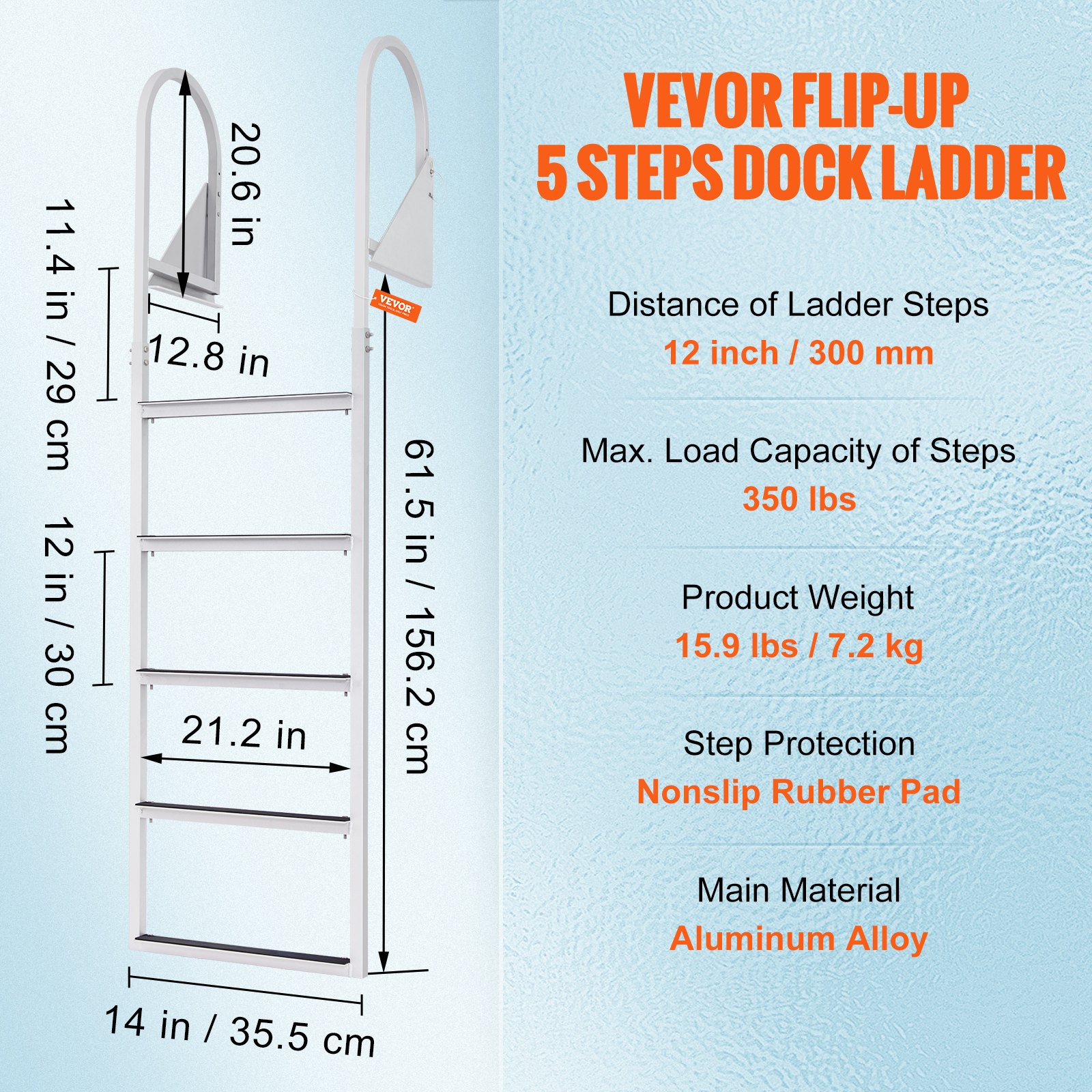 VEVOR Dock Ladder, Flip-Up 5 Steps, 350 lbs Load Capacity, Aluminum Alloy Pontoon Boat Ladder with 2'' Wide Step & Nonslip Rubber Mat, Easy to Install for Ship/Lake/Pool/Marine Boarding