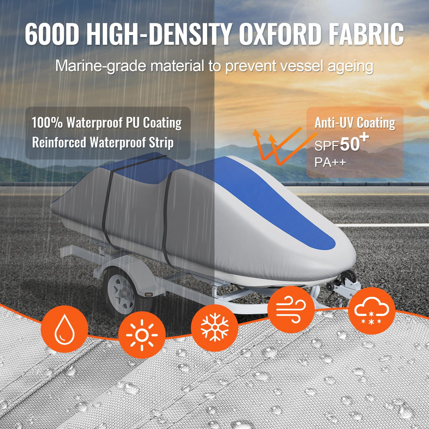 VEVOR Jet Ski Cover, 3200-3420 mm Trailerable Waterproof PWC Cover, Heavy-duty 600D Marine Grade PU Oxford Fabric, UV Resistant Seadoo Cover with Buckle Straps, Personal Watercraft Covers, Grey+Blue