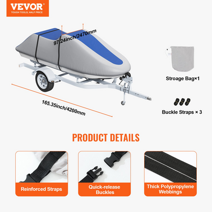 VEVOR Jet Ski Cover, 3200-3420 mm Trailerable Waterproof PWC Cover, Heavy-duty 600D Marine Grade PU Oxford Fabric, UV Resistant Seadoo Cover with Buckle Straps, Personal Watercraft Covers, Grey+Blue
