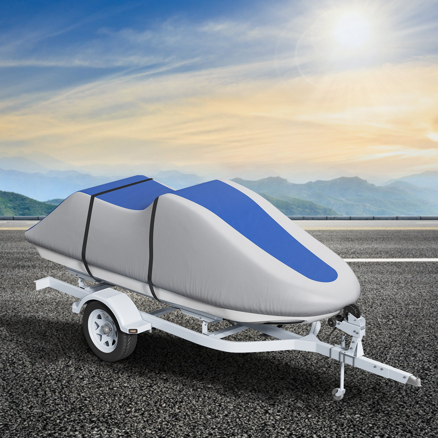 VEVOR Jet Ski Cover, 3200-3420 mm Trailerable Waterproof PWC Cover, Heavy-duty 600D Marine Grade PU Oxford Fabric, UV Resistant Seadoo Cover with Buckle Straps, Personal Watercraft Covers, Grey+Blue