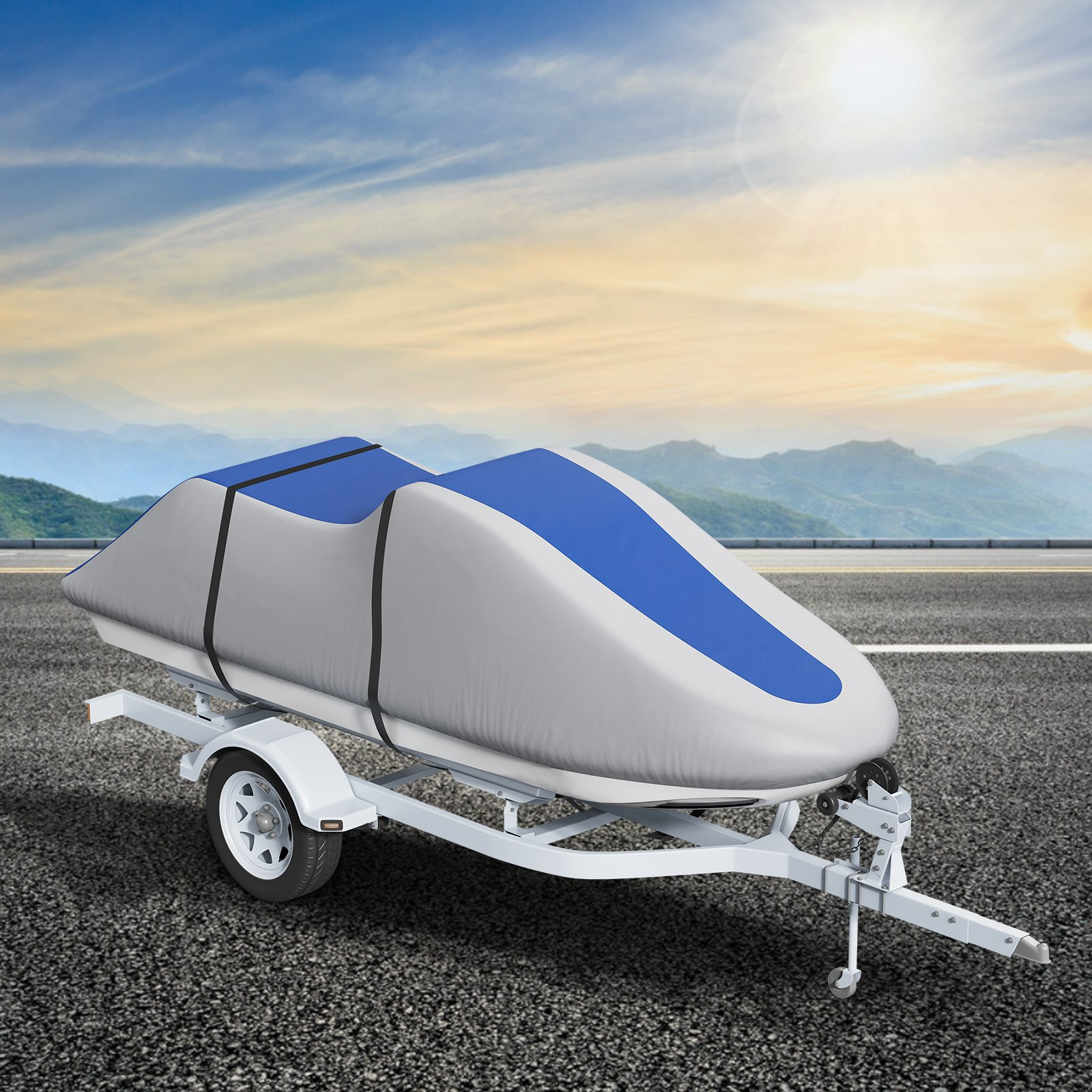 VEVOR Jet Ski Cover, 3200-3420 mm Trailerable Waterproof PWC Cover, Heavy-duty 600D Marine Grade PU Oxford Fabric, UV Resistant Seadoo Cover with Buckle Straps, Personal Watercraft Covers, Grey+Blue