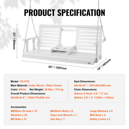 VEVOR 60” Porch Swing Bench Wooden Hanging Outdoor Garden Patio Courtyard White