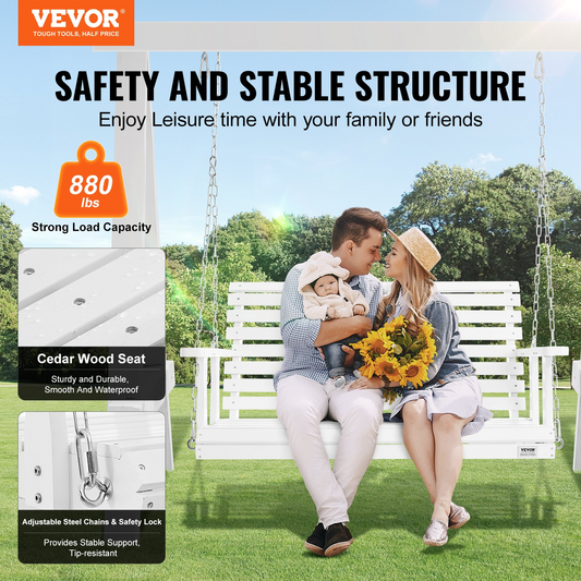 VEVOR 48” Porch Swing Bench Wooden Hanging Outdoor Garden Patio Courtyard White