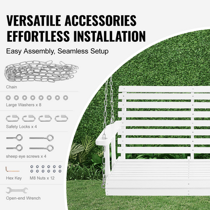 VEVOR 48” Porch Swing Bench Wooden Hanging Outdoor Garden Patio Courtyard White