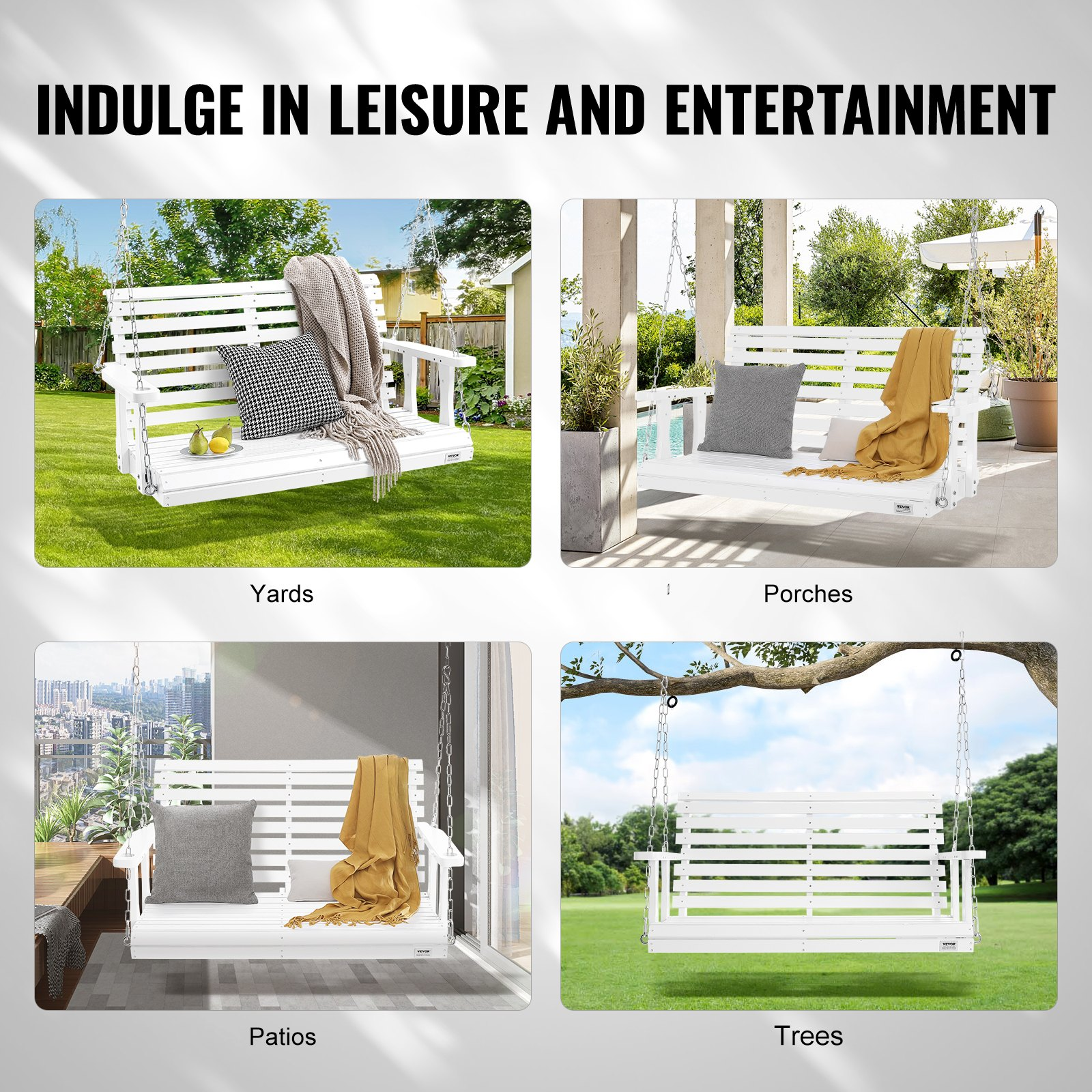 VEVOR 48” Porch Swing Bench Wooden Hanging Outdoor Garden Patio Courtyard White