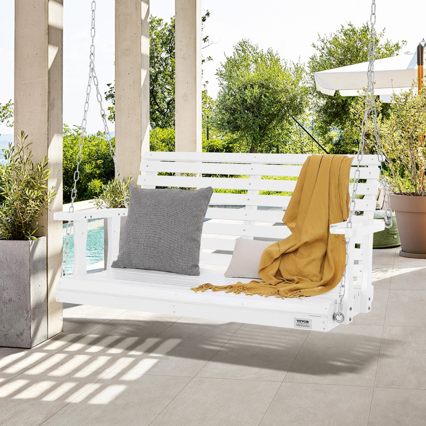 VEVOR 48” Porch Swing Bench Wooden Hanging Outdoor Garden Patio Courtyard White
