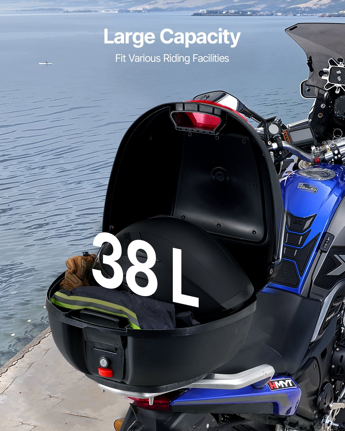 VEVOR 38L Motorcycle Top Case Universal Motorbike Tail with Reflective Panel