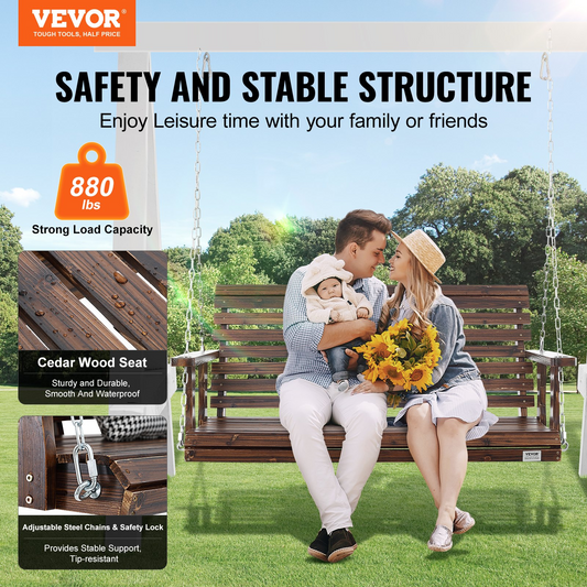 VEVOR 54” Porch Swing Bench Wooden Hanging Outdoor Garden Patio Courtyard Brown