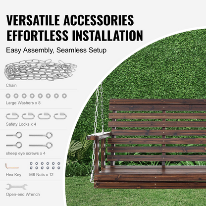 VEVOR 54” Porch Swing Bench Wooden Hanging Outdoor Garden Patio Courtyard Brown