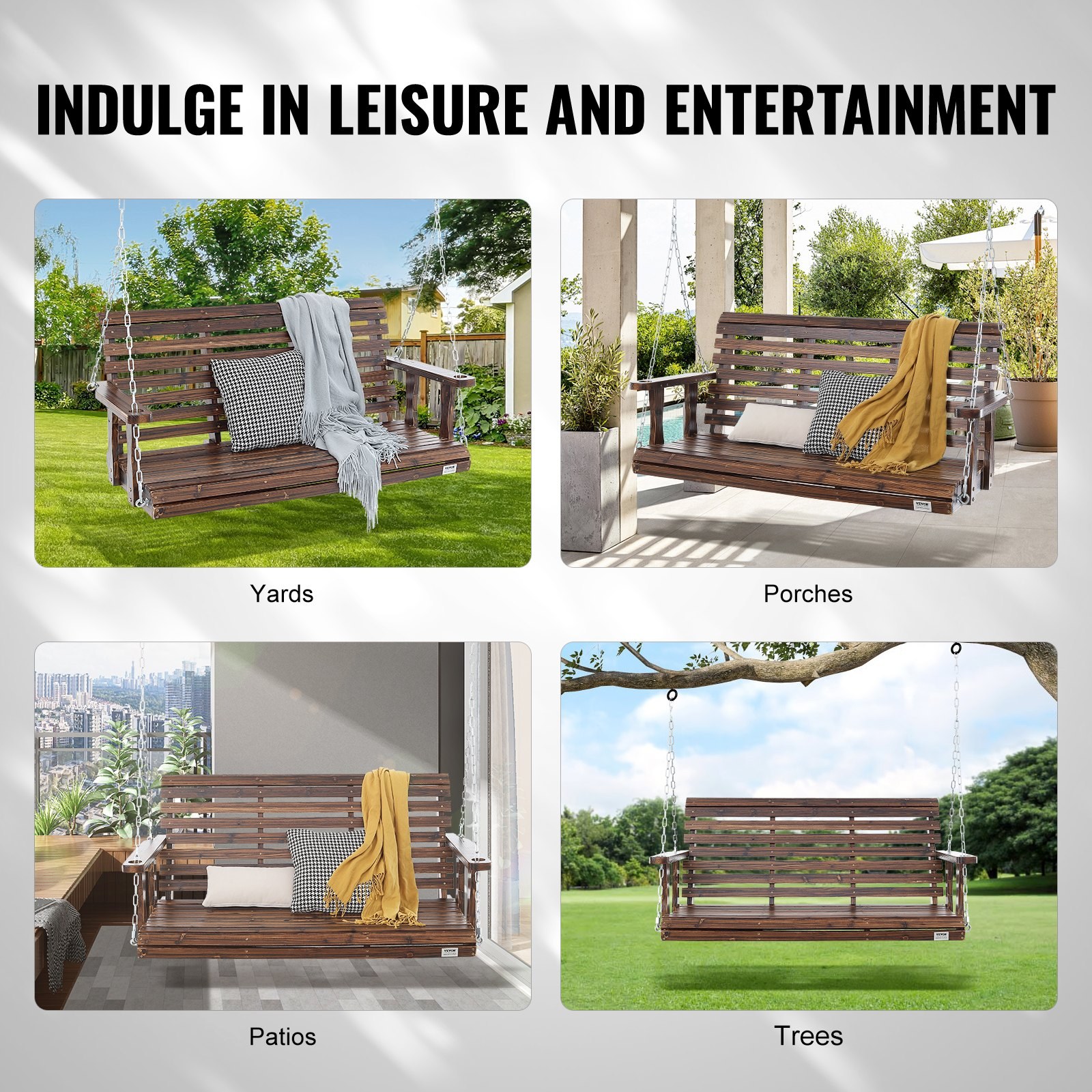 VEVOR 54” Porch Swing Bench Wooden Hanging Outdoor Garden Patio Courtyard Brown