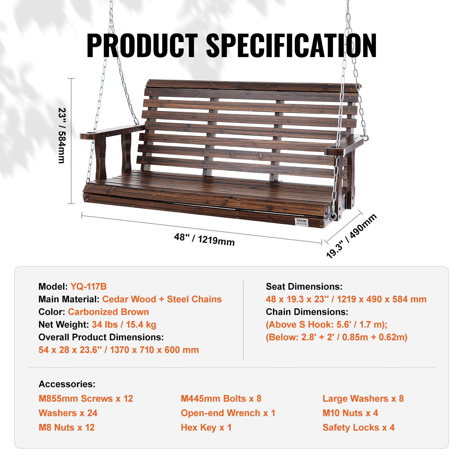 VEVOR 54” Porch Swing Bench Wooden Hanging Outdoor Garden Patio Courtyard Brown