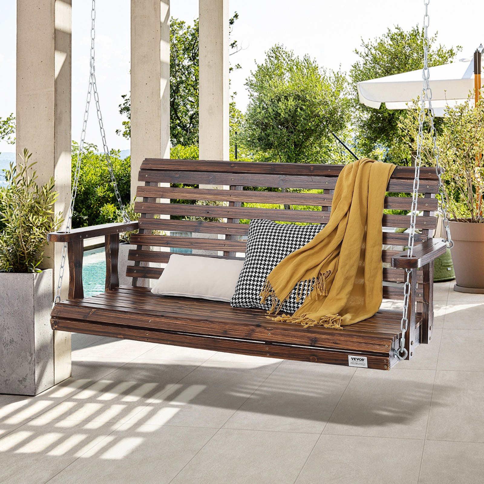VEVOR 54” Porch Swing Bench Wooden Hanging Outdoor Garden Patio Courtyard Brown