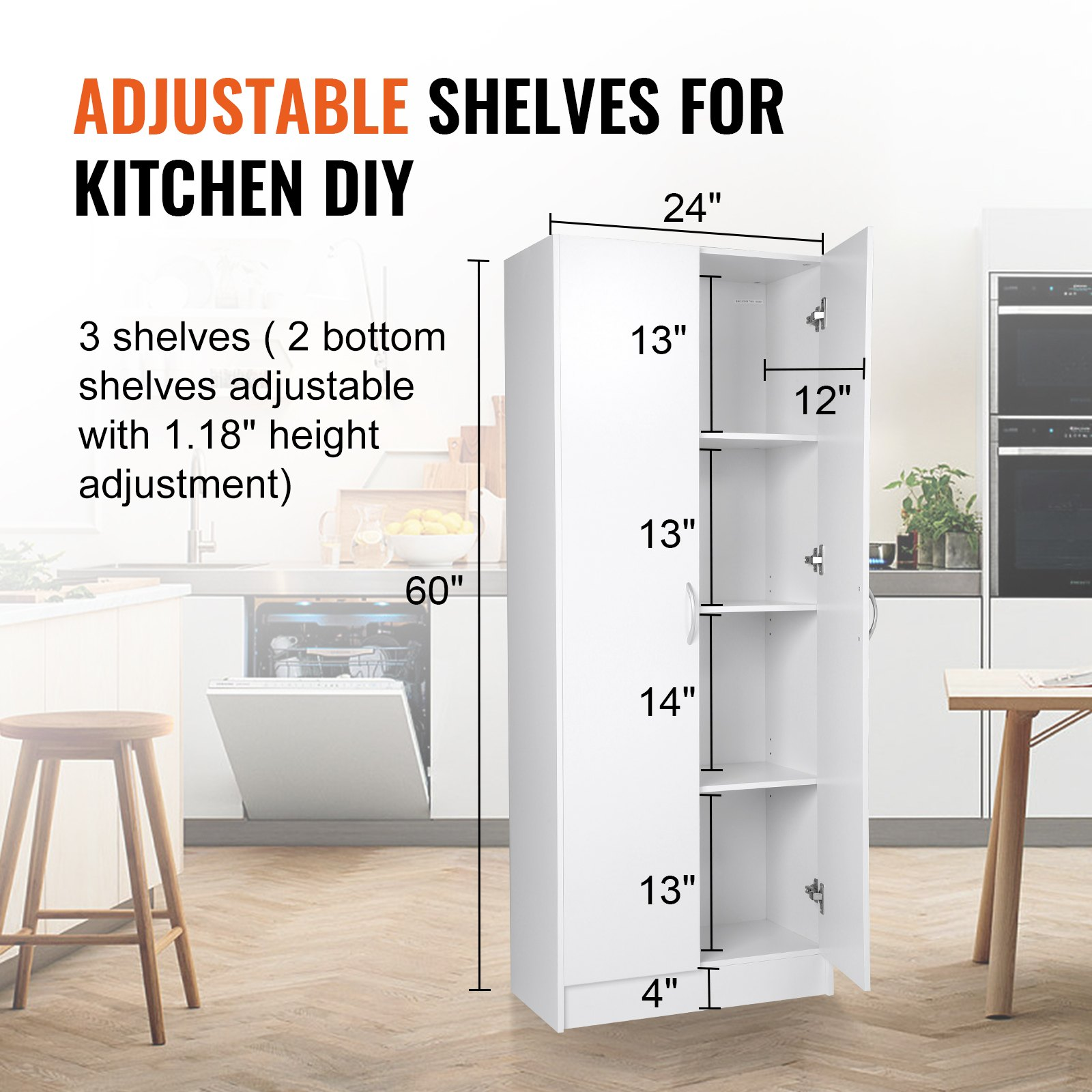 VEVOR Kitchen Pantry Cabinet, 60" Tall Food Pantry Storage Cabinet, 110LBS Freestanding Storage Cabinet Cupboard with 3 Shelves(2 Adjustable), Engineered Wood Utility Pantry for Kitchen, Dining Room
