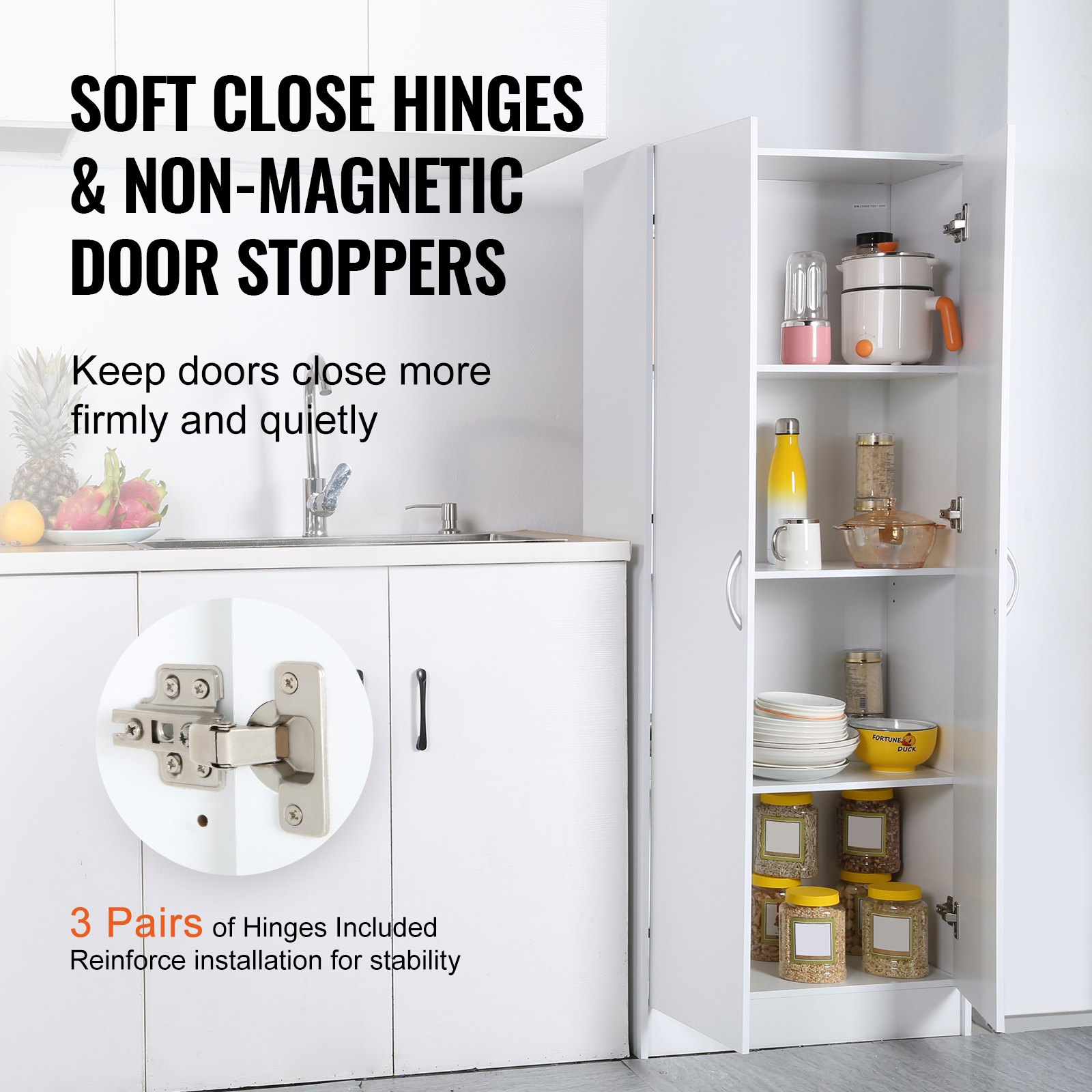 VEVOR Kitchen Pantry Cabinet, 60" Tall Food Pantry Storage Cabinet, 110LBS Freestanding Storage Cabinet Cupboard with 3 Shelves(2 Adjustable), Engineered Wood Utility Pantry for Kitchen, Dining Room