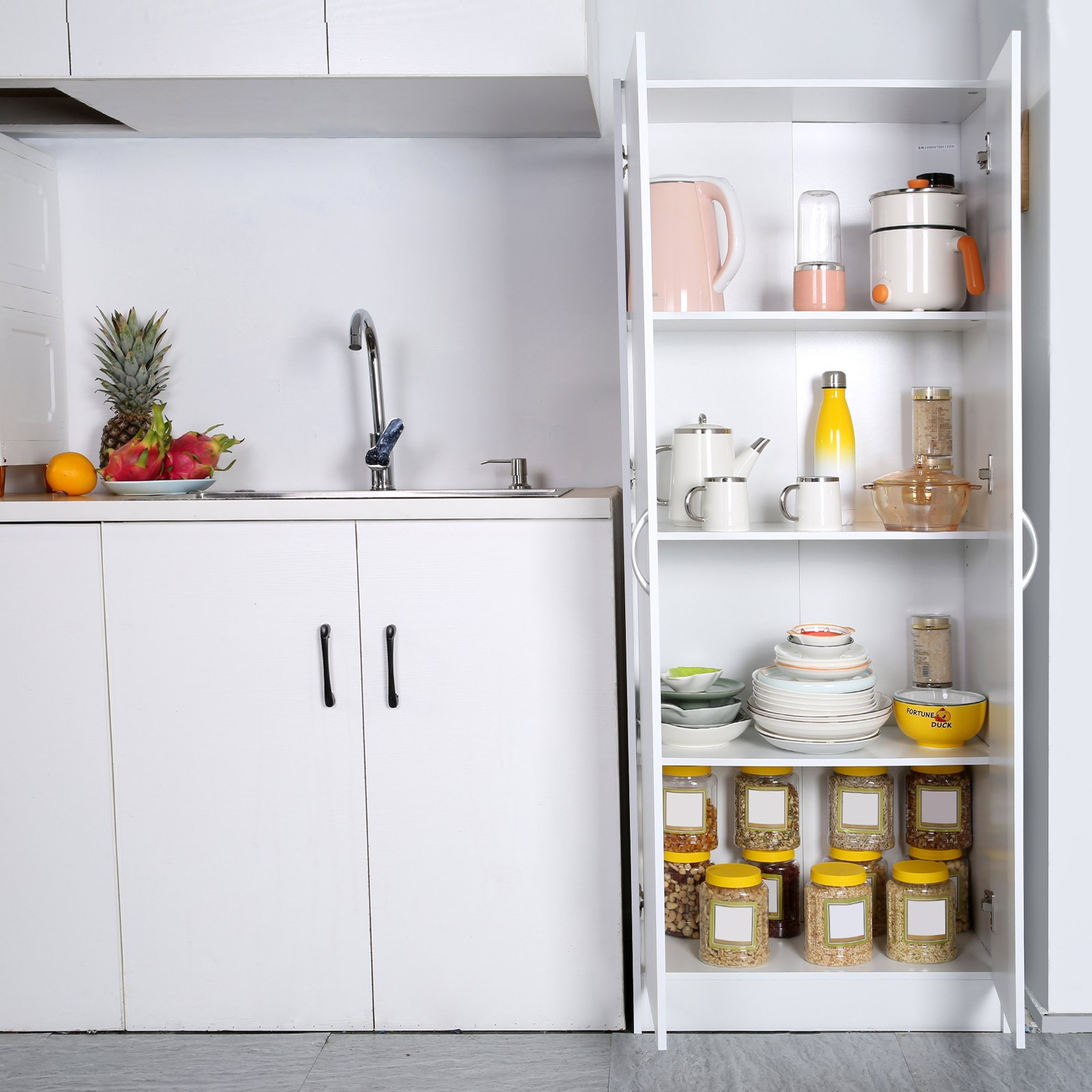 VEVOR Kitchen Pantry Cabinet, 60" Tall Food Pantry Storage Cabinet, 110LBS Freestanding Storage Cabinet Cupboard with 3 Shelves(2 Adjustable), Engineered Wood Utility Pantry for Kitchen, Dining Room