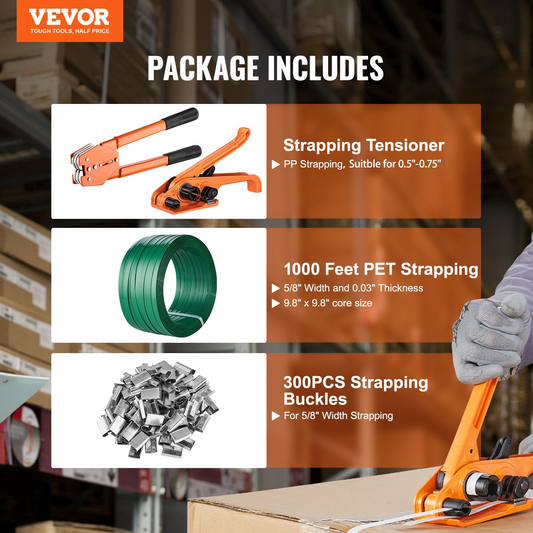 VEVOR Banding Strapping Kit with Strapping Tensioner Tool, Banding Sealer Tool, 304.8 m Length PET Band, 300 Metal Seals, Pallet Packaging Strapping Banding Kit Banding Packaging Strapping for Packing
