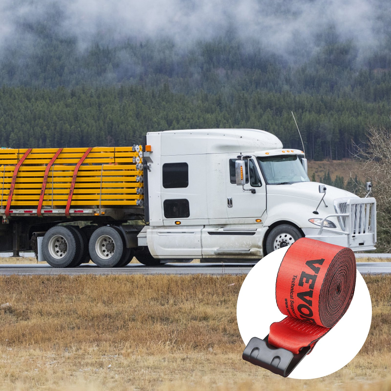 VEVOR Winch Straps, 4" x 30', 6000 lbs Load Capacity, 18000 lbs Breaking Strength, Truck Straps with Flat Hook, Flatbed Tie Downs Cargo Control for Trailers, Farms, Rescues, Tree Saver, Red (10 Pack)