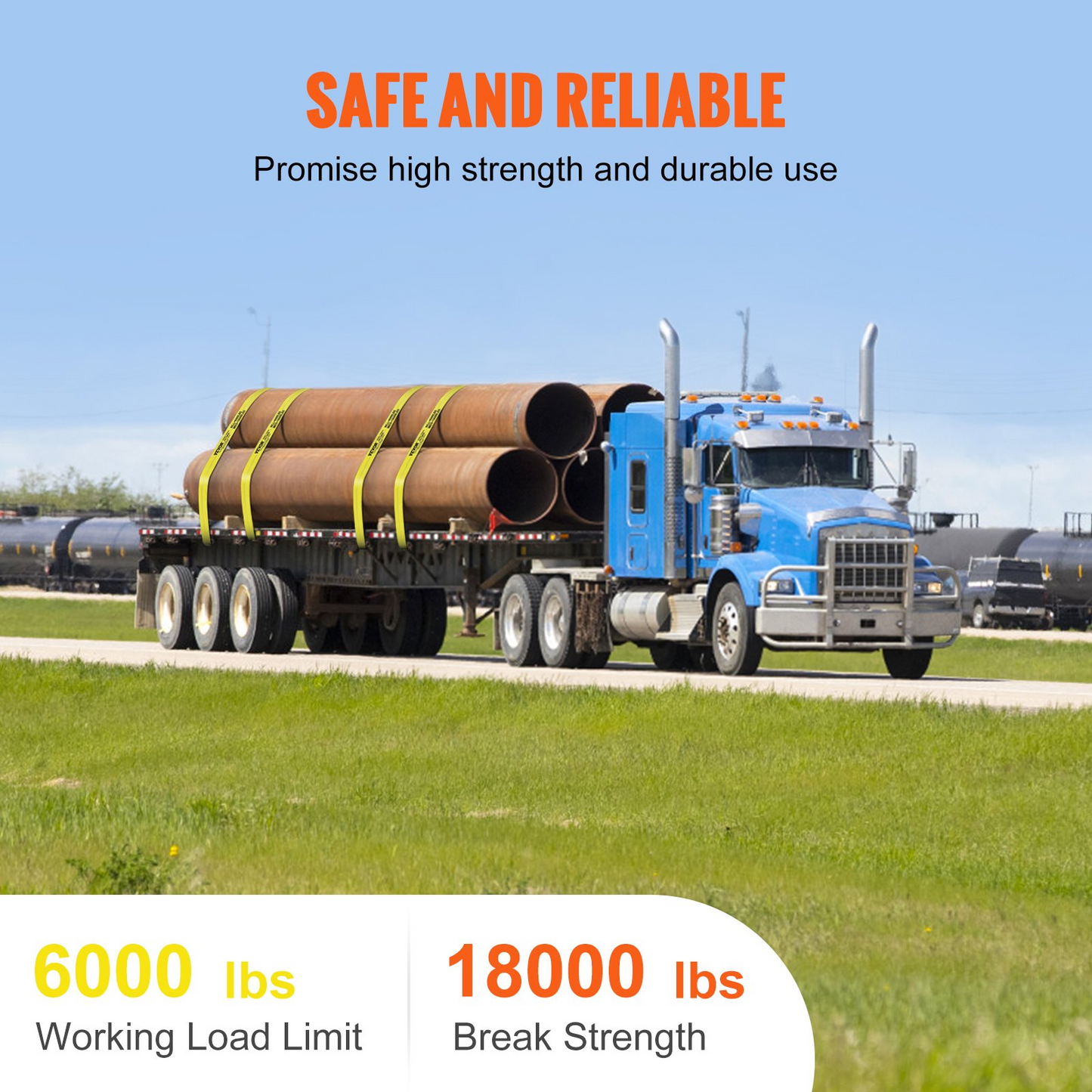 VEVOR Winch Straps, 4" x 30', 6000 lbs Load Capacity, 18000 lbs Break Strength, Truck Straps with Flat Hook, Flatbed Tie Downs Cargo Control for Trailers, Farms, Rescues, Tree Saver, Yellow (10 Pack)
