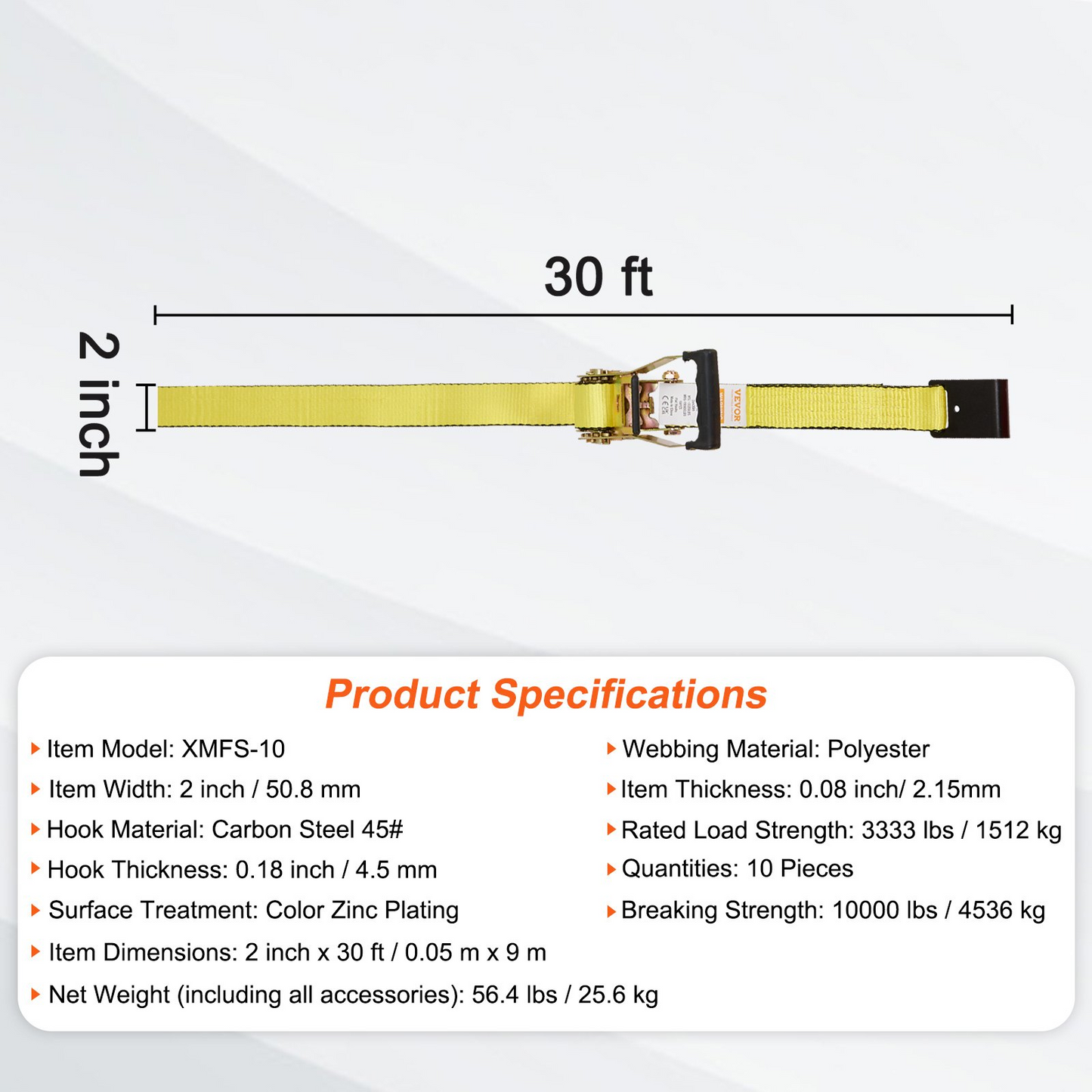 VEVOR Ratchet Tie Down Straps (10PK), 10000 lb Break Strength, Endless Ratchet with 10 Premium 2" x 30' Tie Downs Heavy Duty, Track Spring Fittings for Moving Securing Cargo, Appliances, Motorcycle