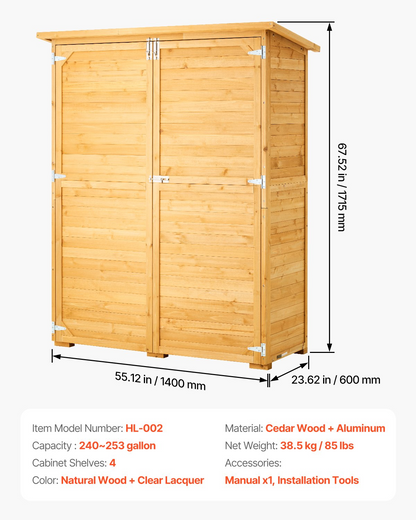 VEVOR Outdoor Wooden Storage Shed Waterproof Garden Tool Shed 55x67.5 inch