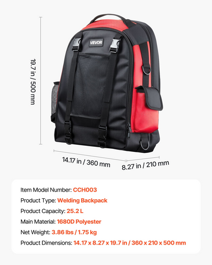 VEVOR 25.2L Welding Backpack 1680D Polyester Welder Backpack for Tool and Helmet