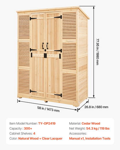 VEVOR Outdoor Wooden Storage Shed Waterproof Garden Tool Shed 58x78 inch