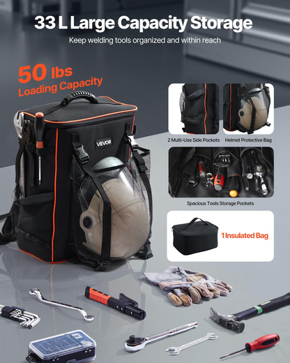 VEVOR 35.6L Welding Backpack 600D Polyester Welder Backpack for Tools and Helmet