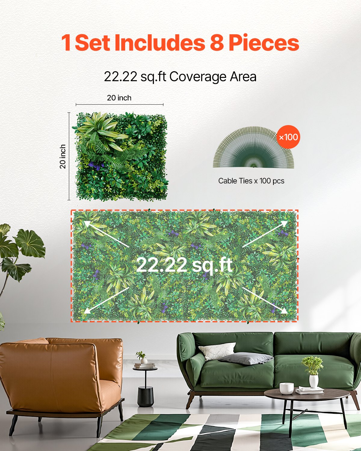 VEVOR Artificial Grass Wall Panels 8 PCS 20 x 20 inch 3D Greenery for Decor