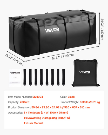 VEVOR Hitch Cargo Carrier Bag 59.84 x 23.9 x 24.02 in (20 Cu.ft) with 8 Straps