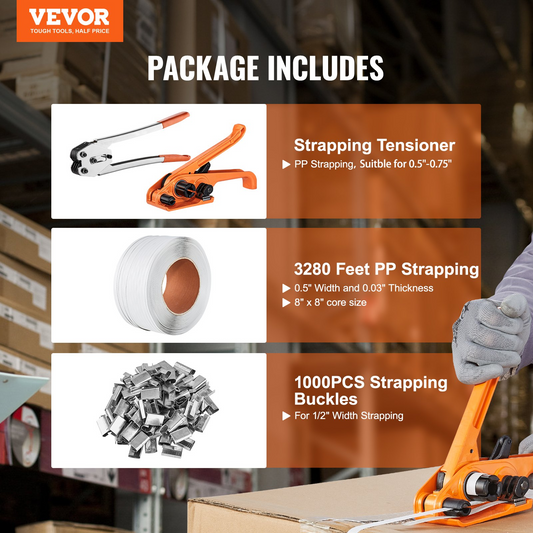 VEVOR Banding Strapping Kit with Strapping Tensioner Tool, Banding Sealer Tool, 1000 m Length PP Band, 1000 Metal Seals, Pallet Packaging Strapping Banding Kit Banding Packaging Strapping for Packing