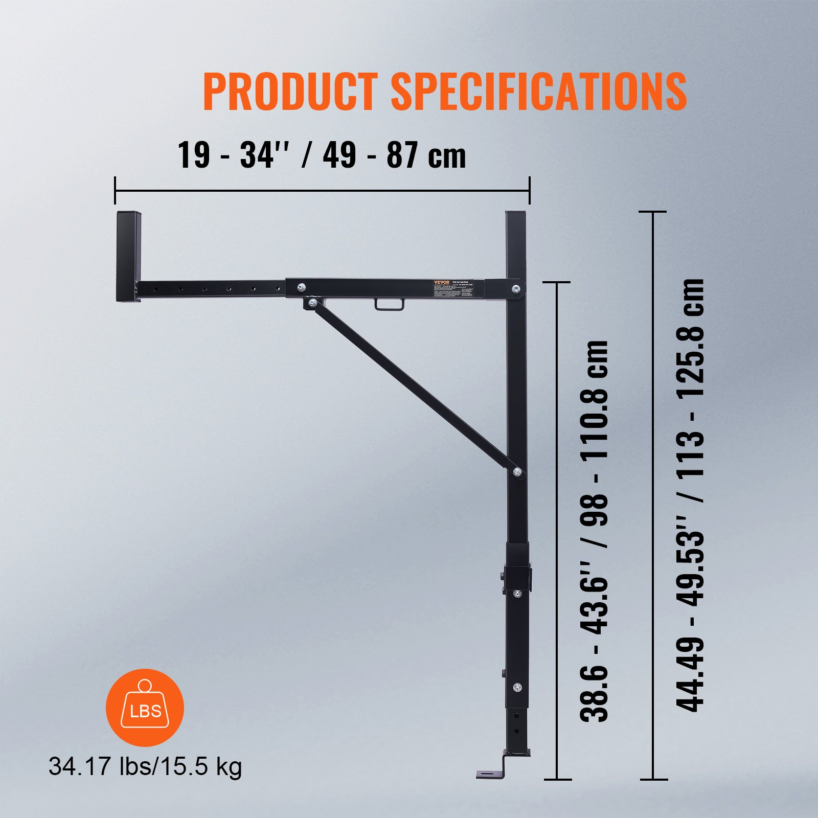 VEVOR Truck Rack, 19-34inch Extendable Truck Ladder Rack, 38.6"-43.6" Adjustable Height, 250 lbs Capacity Steel Ladder Rack for Truck, Heavy Duty Truck Bed Rack for Kayak, Surfboard, Lumber, Ladder