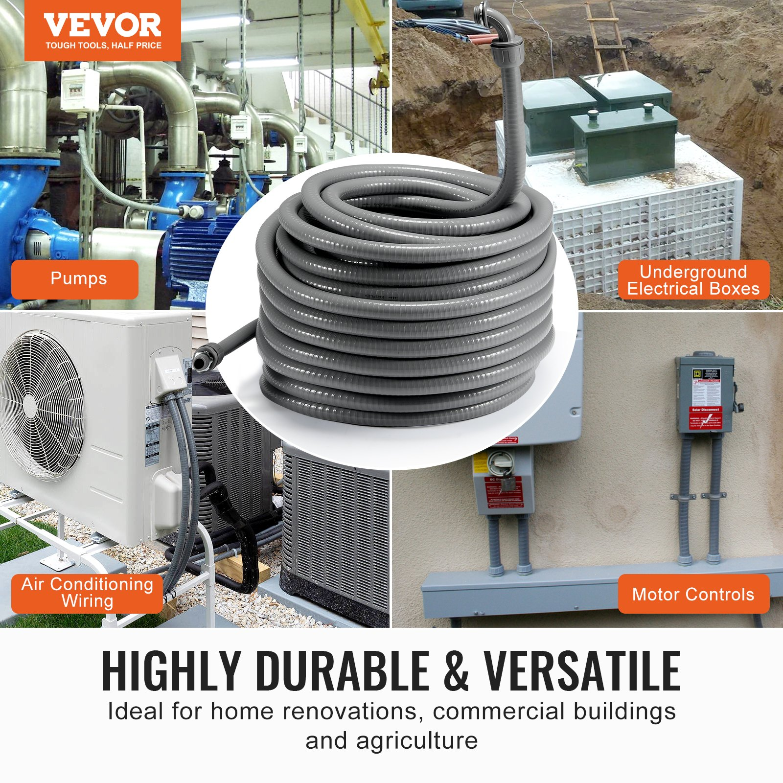 VEVOR 1-Inch Flexible Electrical Conduit, 100 ft, PVC Liquid-Tight Conduit Non-Metallic with 5 Straight and 5 90-Degree Conduit Connector Fittings, for Air Conditioning Motor Controller Pump, IP65