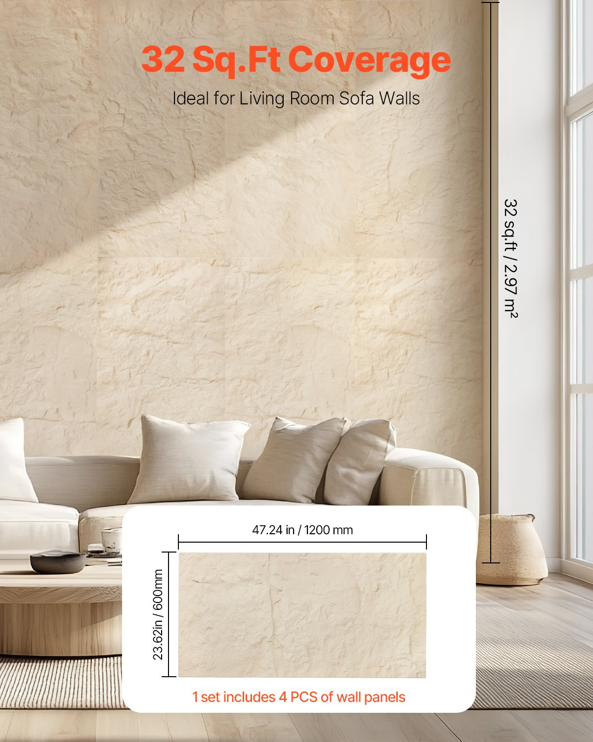 VEVOR 3D Wall Panels 4 Pack 48x24'' PU Stone-Look 32 Sq.Ft Coverage Stone Yellow