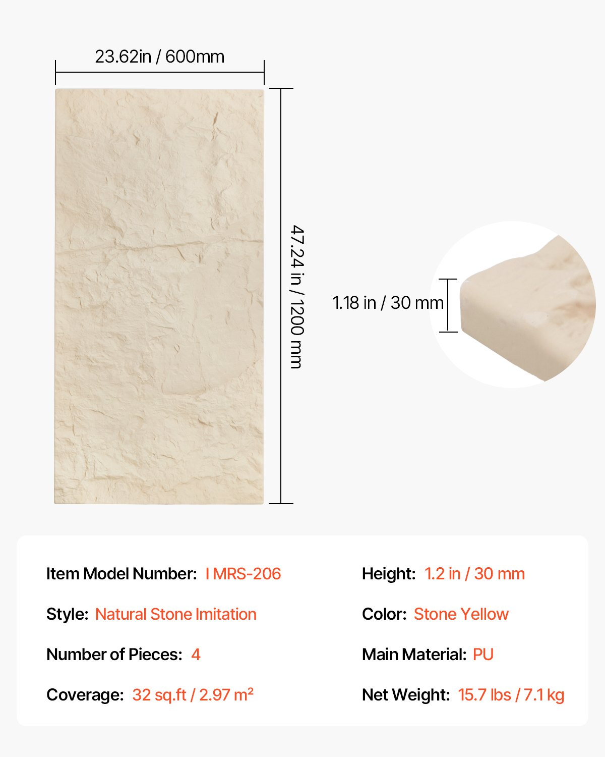 VEVOR 3D Wall Panels 4 Pack 48x24'' PU Stone-Look 32 Sq.Ft Coverage Stone Yellow