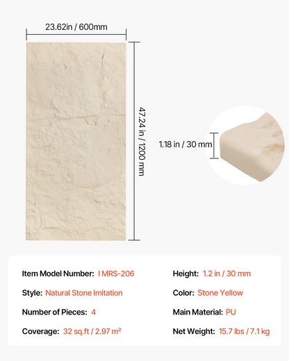 VEVOR 3D Wall Panels 4 Pack 48x24'' PU Stone-Look 32 Sq.Ft Coverage Stone Yellow