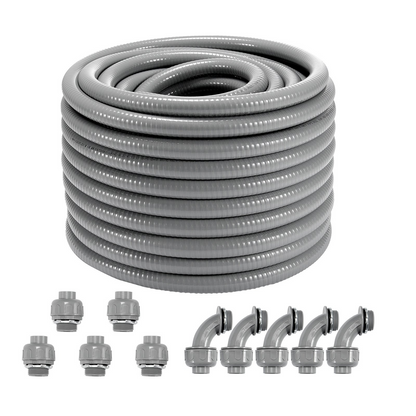 VEVOR 3/4-Inch Flexible Electrical Conduit, 100 ft, PVC Liquid-Tight Conduit Non-Metallic with 5 Straight and 5 90-Degree Conduit Connector Fittings, for Air Conditioning Motor Controller Pump, IP65