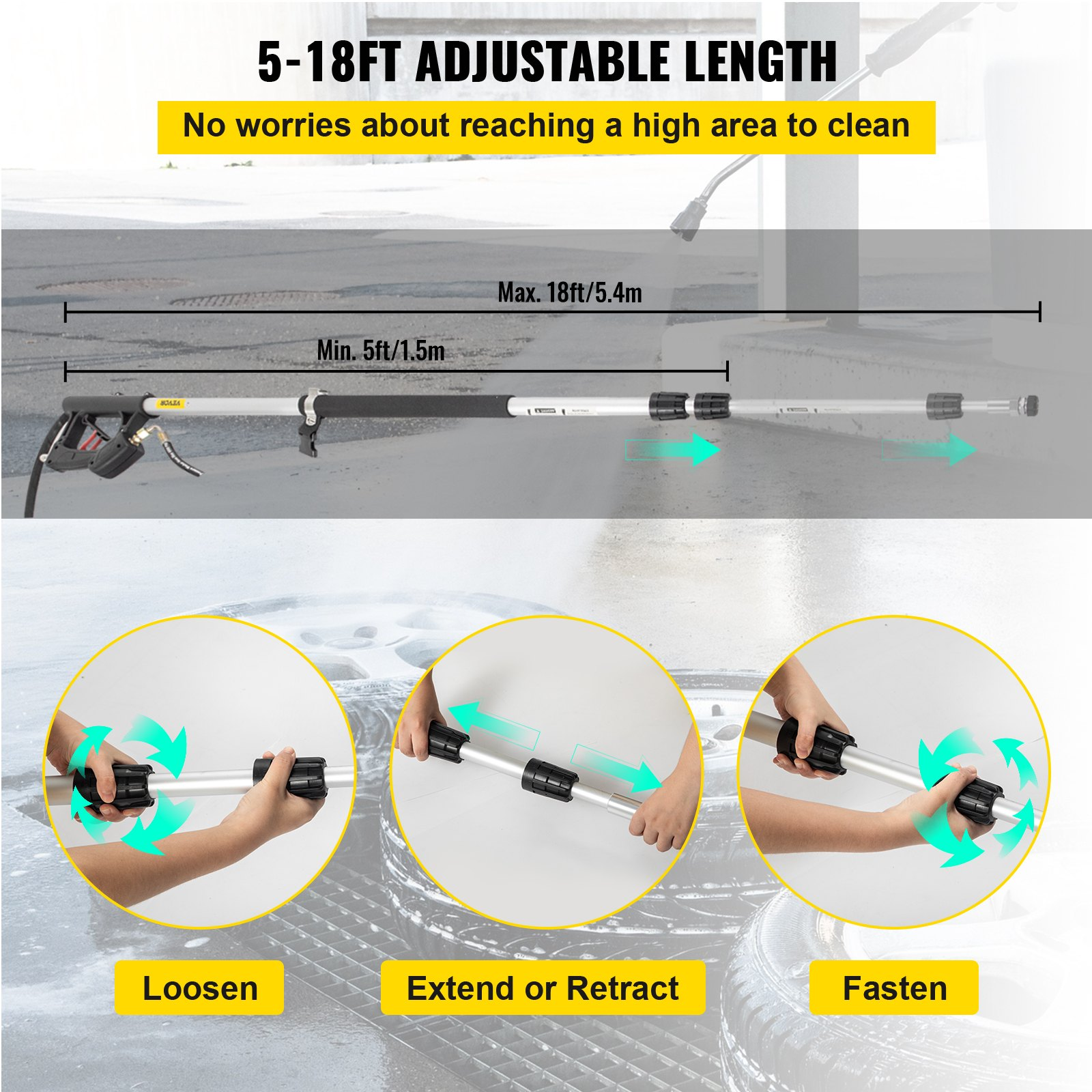 VEVOR Pressure Washer Wand Telescoping 548.6 cm 4000psi Telescopic Pressure Washer Wand with Strap Belt 0.95 cm Quick Connector Extension Pole for Power Washer Spray Lance 5 Nozzles Driveway Building Car