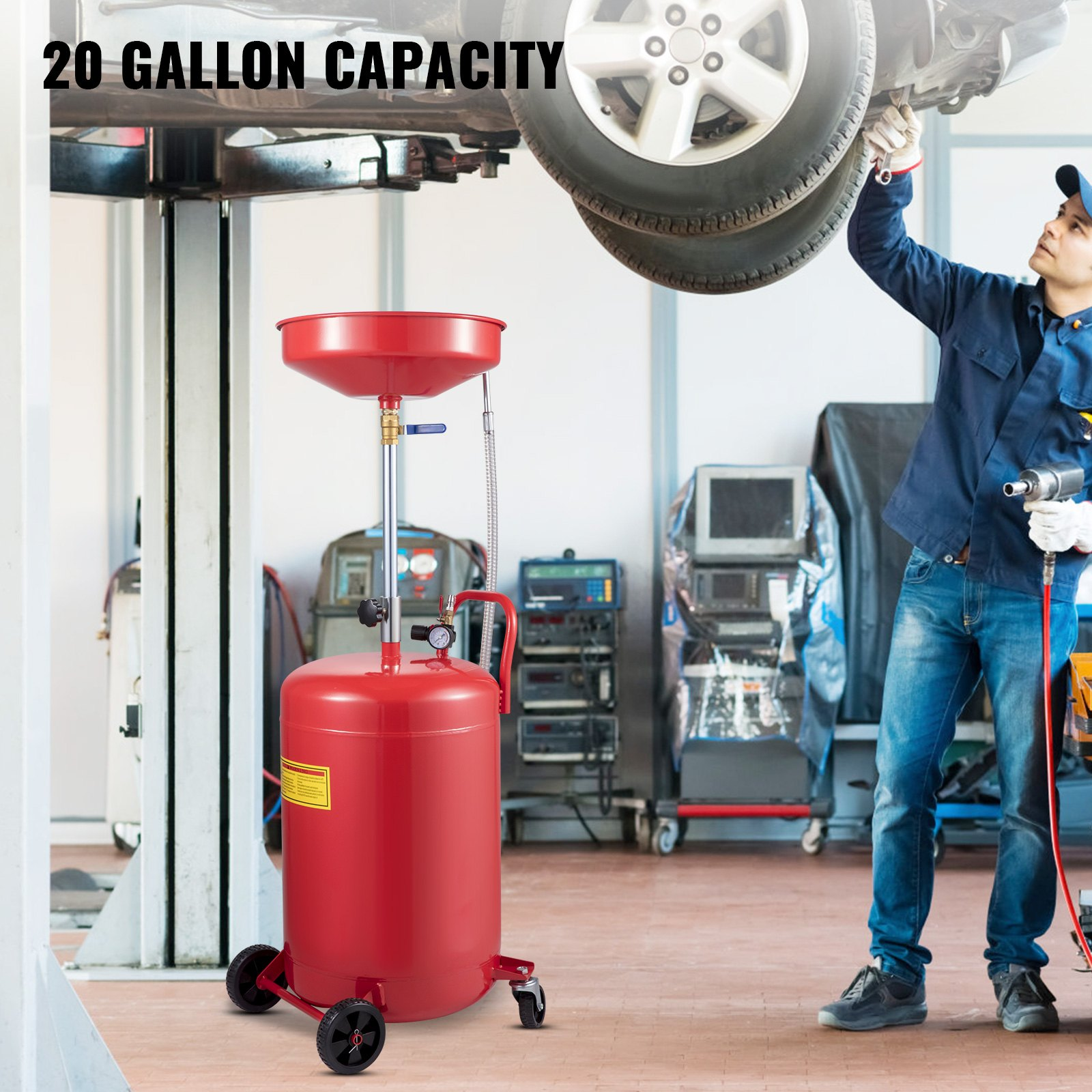 VEVOR Waste Oil Drain Tank 80 L Portable Oil Drain Air Operated Drainer Oil Change, Oil Drain Container, Fluid Fuel Transfer Drainage Adjustable Funnel Height, with Pressure Regulating Valve
