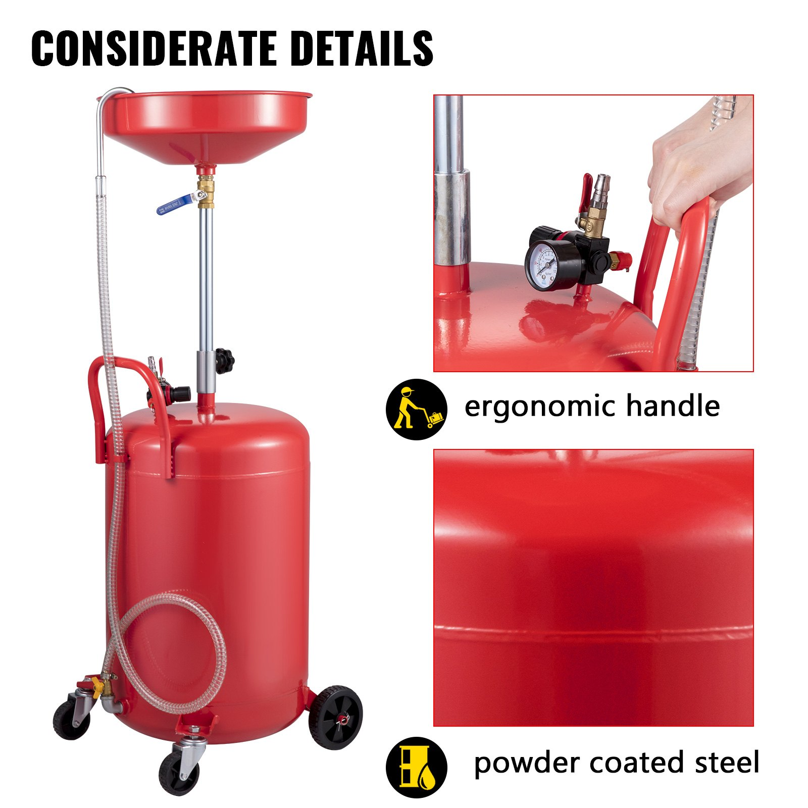 VEVOR Waste Oil Drain Tank 80 L Portable Oil Drain Air Operated Drainer Oil Change, Oil Drain Container, Fluid Fuel Transfer Drainage Adjustable Funnel Height, with Pressure Regulating Valve