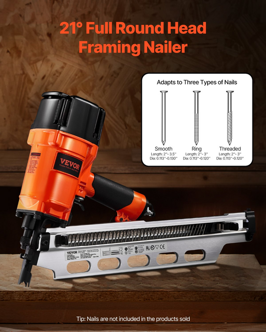 VEVOR Framing Nailer 50 to 90 mm 21° Full Round Head Pneumatic Framing Nailer