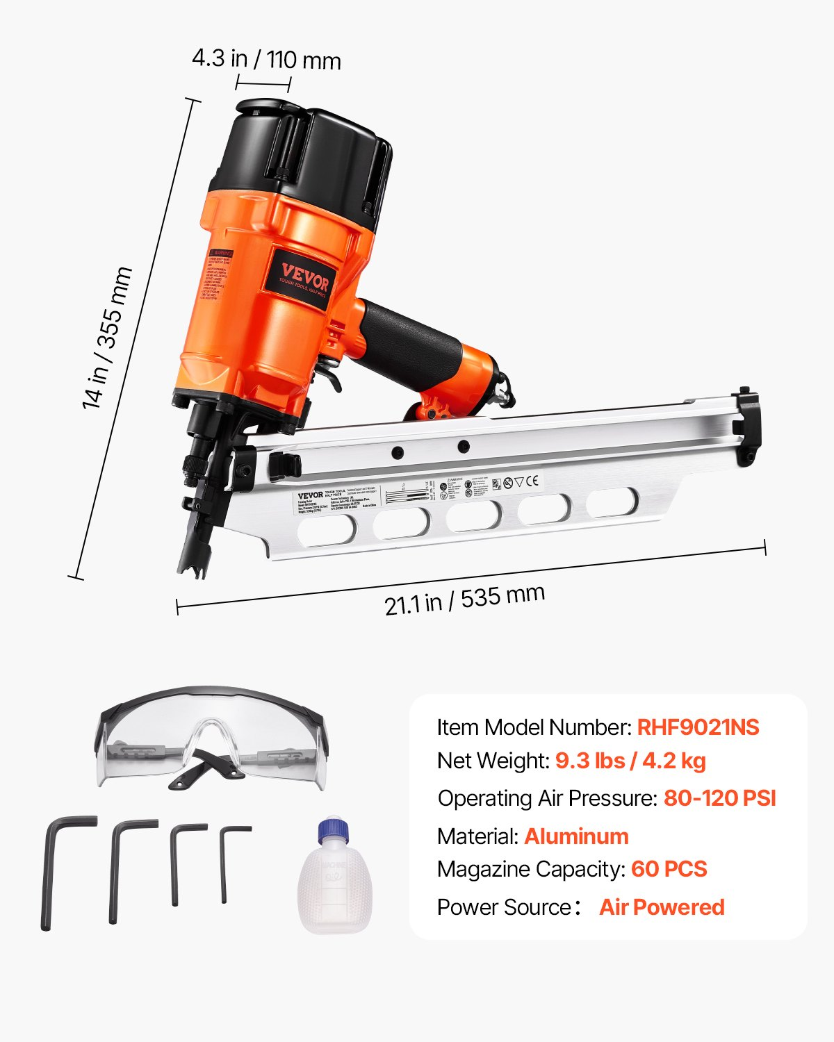 VEVOR Framing Nailer 50 to 90 mm 21° Full Round Head Pneumatic Framing Nailer