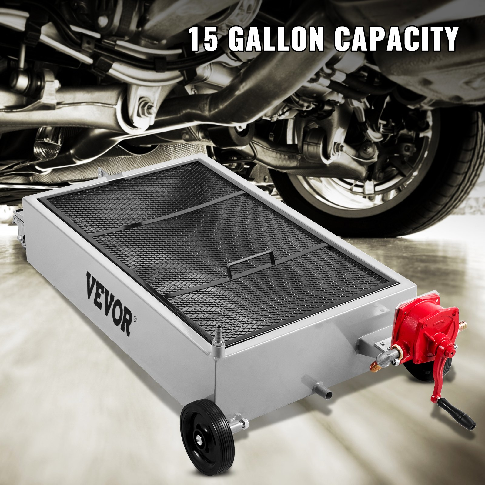 VEVOR Low Profile Oil Drain Pan Truck Drain Pan 15 Gallon with Pump Hose Casters
